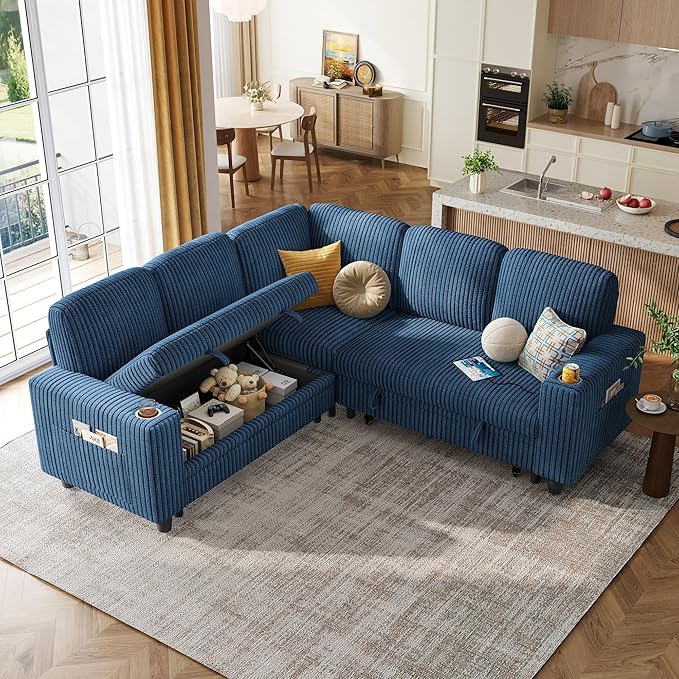 LINSY HOME Sleeper Sofa Bed with Pull Out Couch Modular Sectional Sofa (Blue, Sleeper Sofa 2) | Pull Out Sofa Bed, USB Charging, Cup Holders, Plush Corduroy, Storage | Pull Out Sofa Bed, USB Charging, Cup Holders, Plush Corduroy, Storage, Convertible