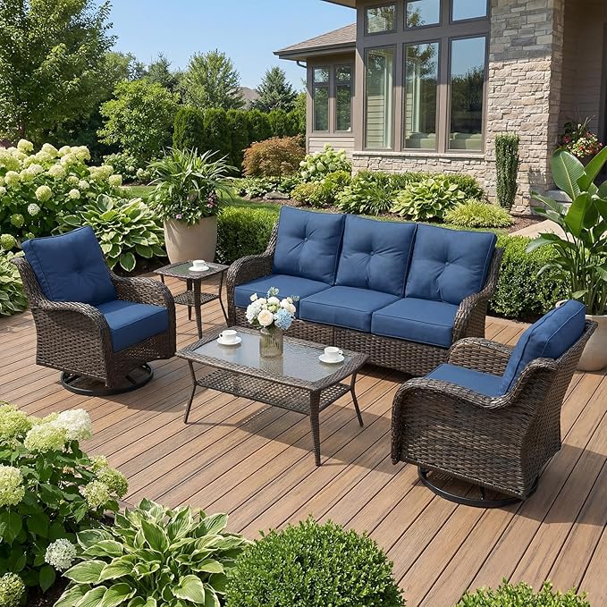 Patio Furniture Set, 5PCS Outdoor Wicker Conversation Set with 6" Thick Cushions, High Back Rattan Sofa & Swivel Rocker Chairs, Weather Resistant Olefin Fabric for Garden, Poolside, Navy Blue