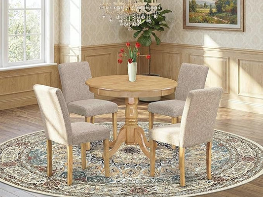 East West Furniture ANAB5-OAK-04 5 Piece Dining Table Set for 4 Includes a Round Kitchen Table with Pedestal and 4 Light Tan Linen Fabric Parson Dining Chairs, 36x36 Inch, Oak