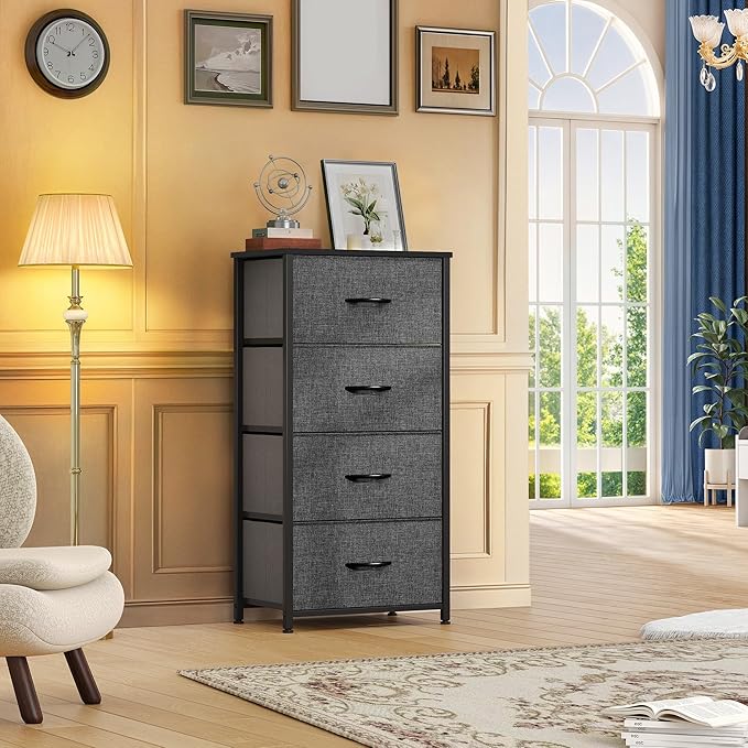 DWVO Storage Tower with 4 Drawers - Fabric Dresser, Organizer Unit for Room, Living Room, Closets - Sturdy Steel Frame, Easy Pull Fabric Bins & Wooden Top