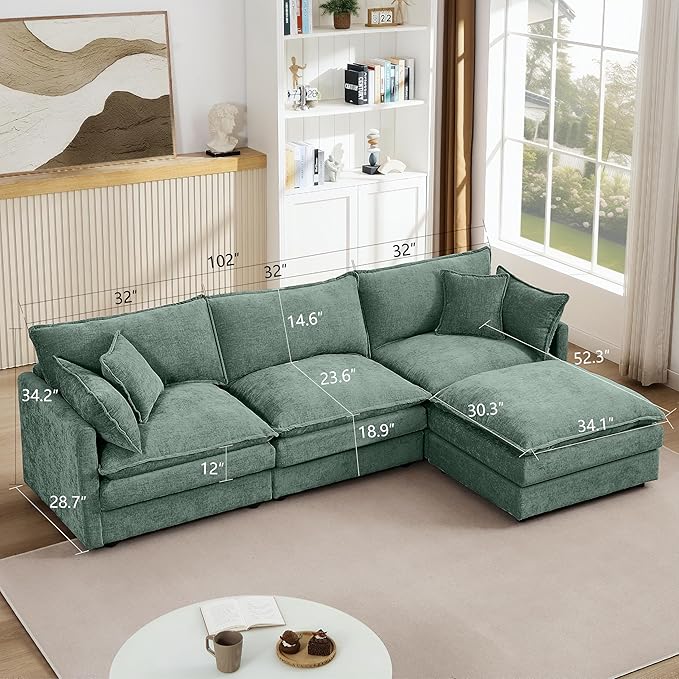 Eafurn Oversized Reversible Modular Sectional Sofa with Movable Ottoman, 4 Seater Convertible L Shaped Corner Couch Modern Chenille Sofa Set w/Double Layers Seat Cushions for Living Room Apartment | Deep Seat, Easy Assembly, 2-layer Cushions, DIY Combi...