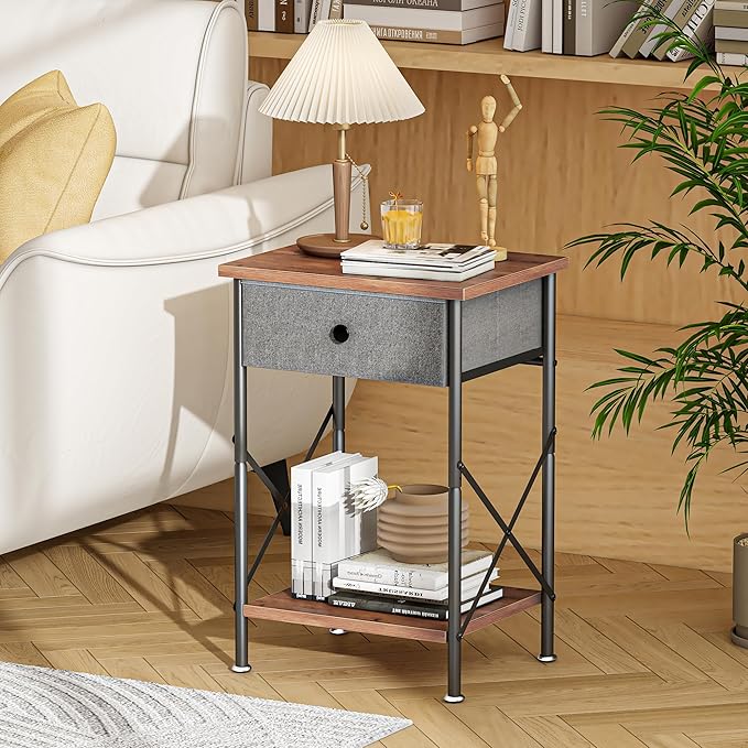 VECELO End Tables, Modern Nightstand with Fabric Drawer & Open Shelf, Night Stand for Bedroom Living Room, Industrial Metal Frame, Easy Assembly, Rustic Brown,2 Pack