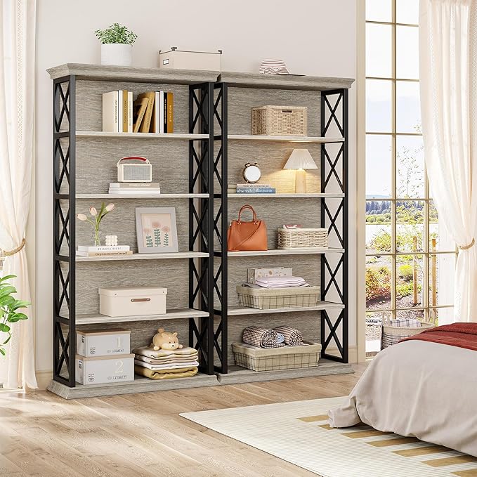 Tribesigns 6-Tier Bookcase Set of 2, 71 Inches Industrial Bookshelves and Bookcases, Floor Standing 5 Shelf Display Storage Shelves Tall Bookcase for Home Office, Living Room, Bed Room, Grey