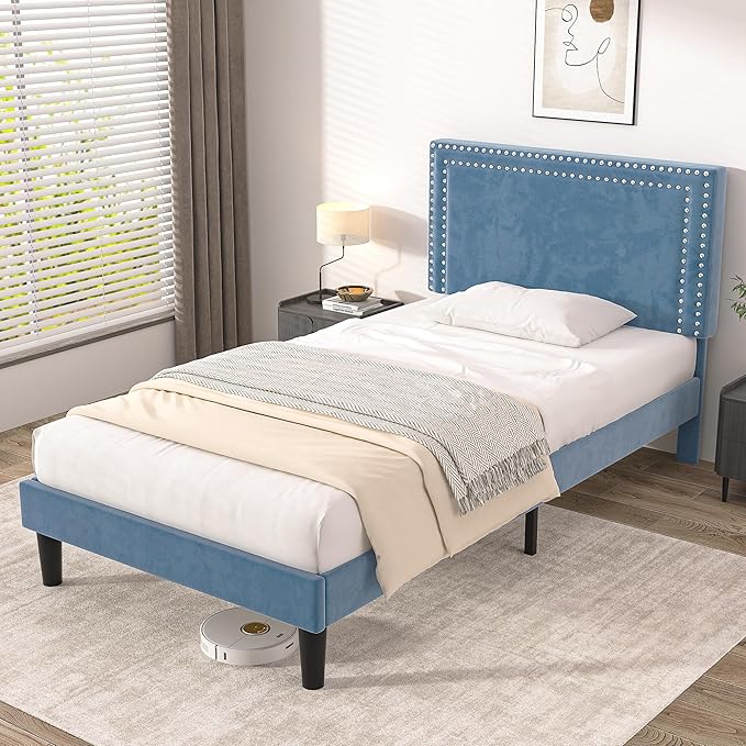 Twin Size Platform Bed Frame with Adjustable Upholstered Headboard, Modern Mattress Foundation, Strong Wood Slat Support, No Box Spring Needed, Easy Assembly