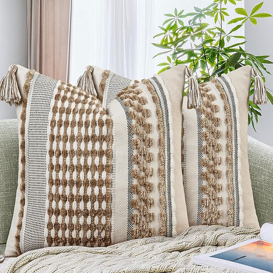 AmHoo Set of 2 Chenille Striped Textured Boho Throw Pillow Covers Aesthetic with Tassels Woven Decorative Pillow Case for Couch Bed Sofa Bedroom Modern Funky 18 x 18-Inch Taos Taupe