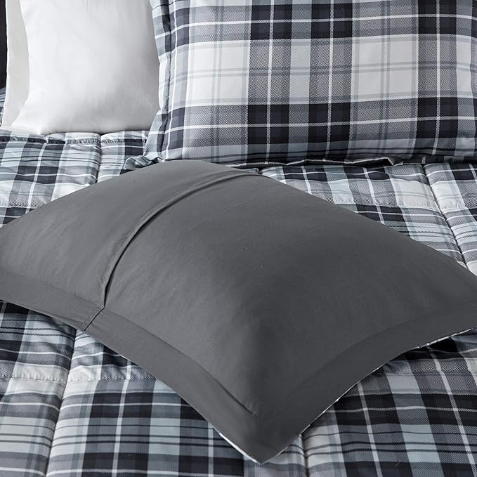 Madison Park Essentials Parkston Plaid Comforter, Matching Sham, 3M Scotchguard Stain Release Cover, Hypoallergenic All Season Bedding-Set, Twin/TwinXL, Black, 2 Piece