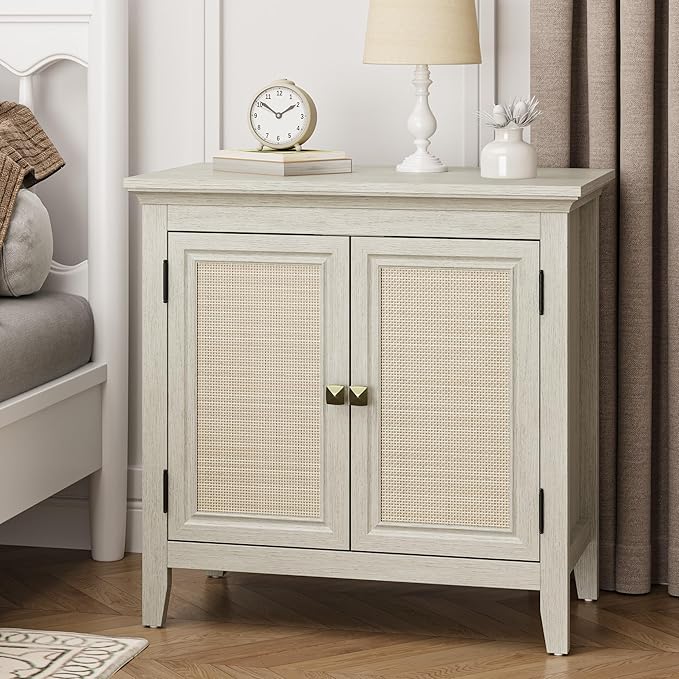 RoyalCraft Storage Cabinet Set of 2, Kitchen Sideboard with Rattan Decor Doors, Accent Buffet Cabinet with Adjustable Storage Shelf, Wood Storage Organizer for Dining Room, Living Room, White