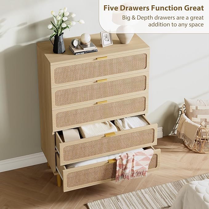 GarveeHome Rattan 5 Drawer Dressers for Bedroom, Tall Dresser with Deep Drawers, Large Chest of Drawers for Closet with Wide Top, Long Wooden Dresser for Living Room, Hallway, Kids Room, Natural