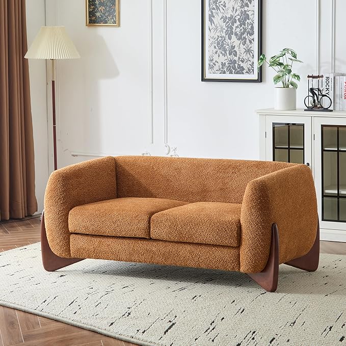 Christopher Knight Home Alma 63" Boucle Loveseat with Wood Legs, 2 Seater Sofa Couches for Living Room, Upholstered Couch Chair, Soft Seating Lounge Sofa Chair, Cozy Loveseat with Armrest, Caramel