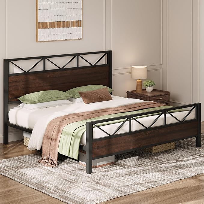 LIKIMIO King Bed Frame, Tall Industrial Headboard 51.2 ", Platform Bed Frame with Strong Metal Support, Solid and Stable, Noise Free, No Box Spring Needed, Easy Assembly, Dark Brown