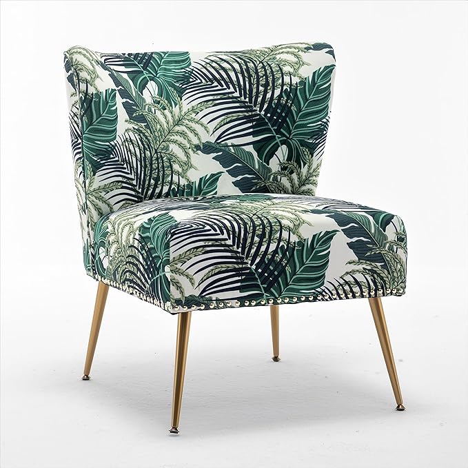Thia Armless Accent Chair for Living Room, Elegant Seat with Nailhead Trim, Gold Metal Legs and Comfortable Curved Back, 28" D x 25" W x 29.5" H, 01 Floral Print