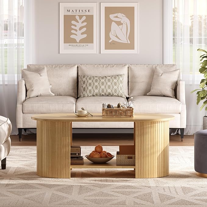 Oval Fluted Coffee Table, 2-Tier Center Table with Large Storage, Mid-Century Modern Wood Coffees Table for Living Room, Home Office, Small Space, Oak