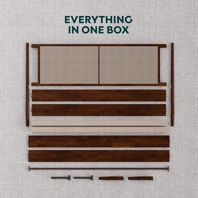 Bme Oliver King Bed Frame and Headboard - 15-Inch Signature Design with Rattan Headboard, Bohemian and Mid Century Style, 12-Slat Wood Support, No Box Spring Needed - Easy Assembly, Walnut