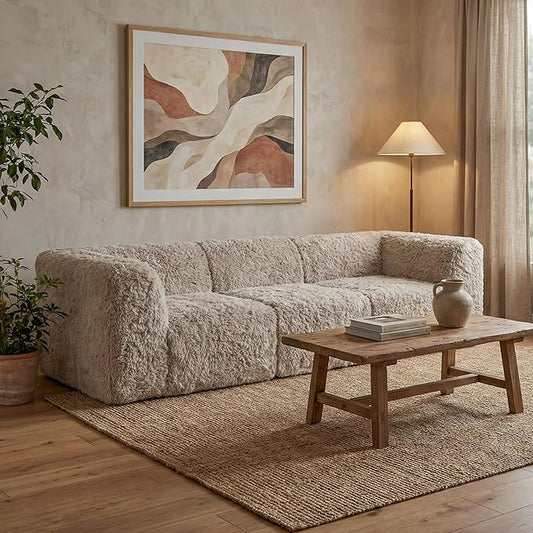 Furniture of America Havyn Modern Faux Fur 3-Seater Modular Foam Sofa with Curved Arms & Deep Seat, Compressed Couch in a Box, No Assembly Required, for Living Room and Office, Taupe