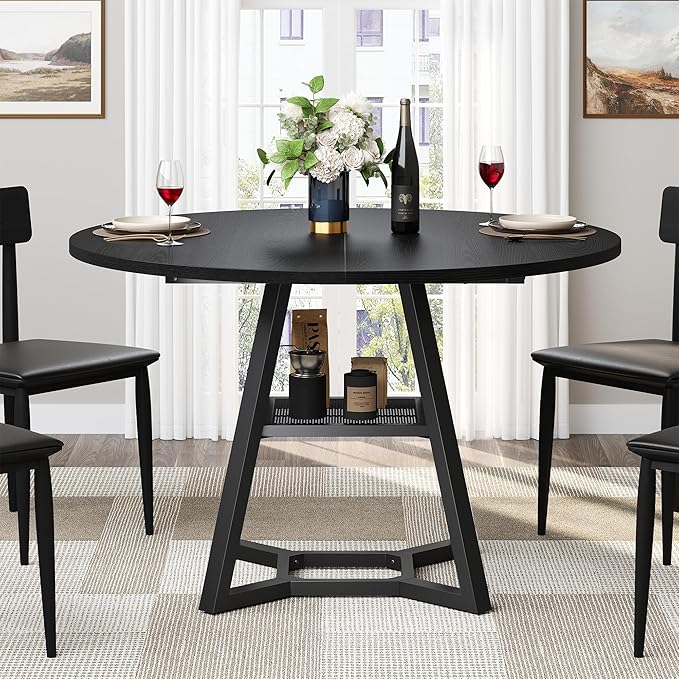 Round Dining Table for 4, Kitchen Tables Dining Room Circle Dinner Table with Pedestal Metal Frame, Space Saving Wood Industrial Kitchen & Dining Room Tables, Black 43In