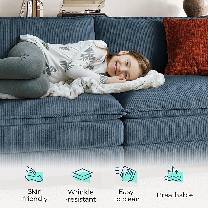 LINSY HOME Modular Sectional Sofa Couch Corduroy Cloud Couches for Living Room, U-Shaped Cloud Couch Sectional Sofas for Bedroom and Apartment, Blue