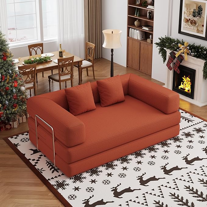BSHOMGI 4-in-1 Foldable Sofa Bed Teddy Fabric Foam-Filled Compressed Couch, Convertible Loveseat Sofa, Boneless FoldingSleeper for Living Room, Guest Bed, Playroom (Orange, 59” 2 Seat)