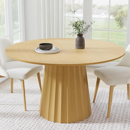 Casaphoria 52" Round Dining Table, Modern Wood Kitchen Table with Cone Shaped Strip Concave Base for Living Room & Dining Room, Easy Assembly Farmhouse Furniture for 4-6, Oak
