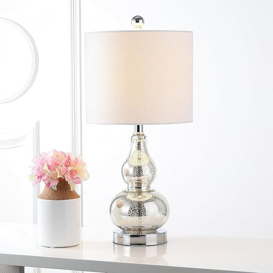JONATHAN Y 20.5" Mercury Silver Glass Table Lamp, Modern Gourd Bedside Nightstand Lamp for Bedroom, Living Room, White Linen Shade, LED Bulb Included (JYL1028C)