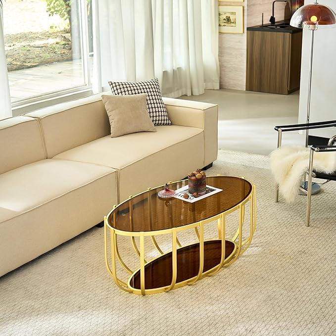 Saint Mossi Glass Oavl Coffee Table for Living Room, Modern 2-Tier Glass Center Table, Brown Glass Top with Gold Finish Legs & Frame, L42.5xW23xH16.5