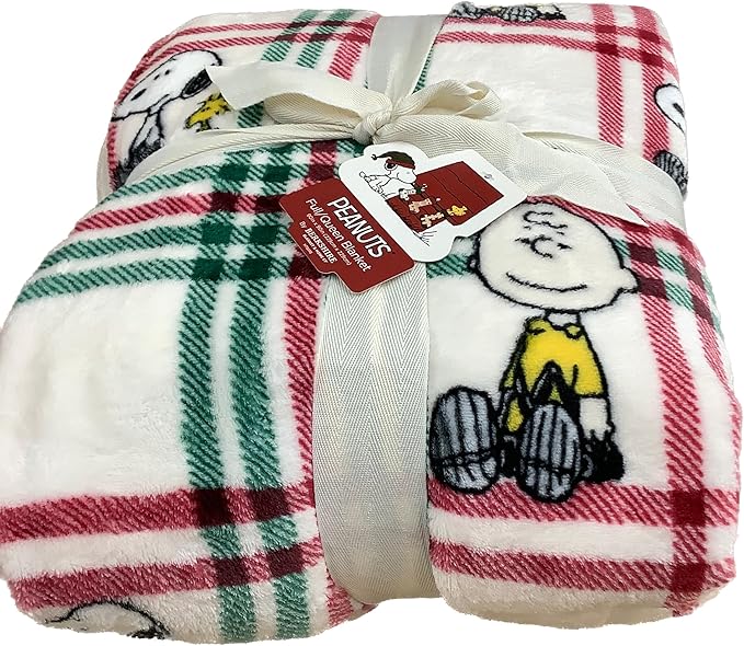 Berkshire Blanket & Home Co Peanuts Winter Blanket, Polyester (Green & Red Gridlines with Characters, Full/Queen)