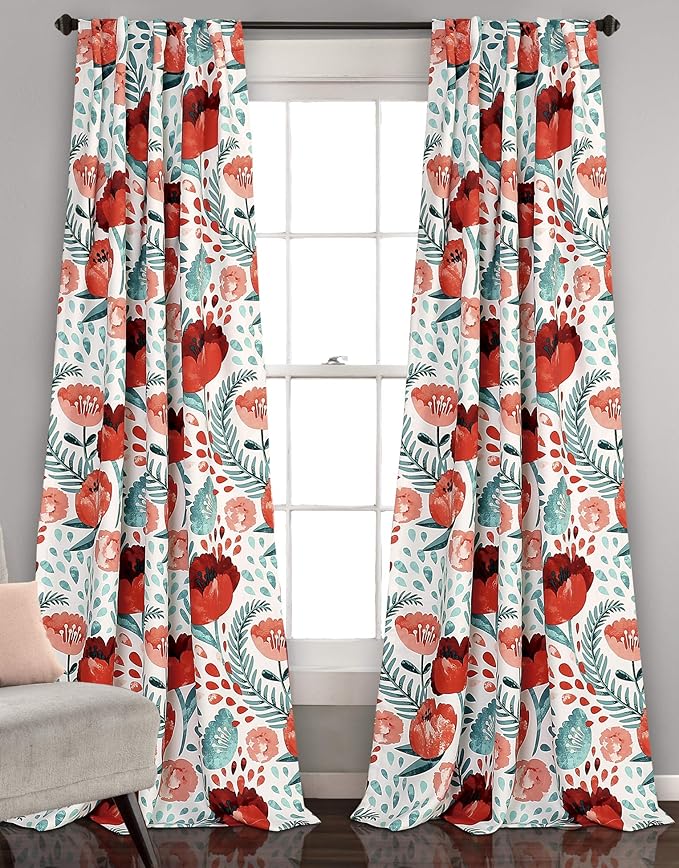 Lush Decor Poppy Garden Curtains Light Filtering Window Set for Living, Dining, Bedroom, 84 in L Panel Pair, Multi