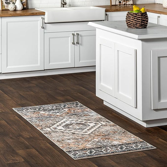 nuLOOM 2'6" x 12' Machine Washable Stain-Resistant Area Rug with Non Slip Backing, Low Profile for Living Room, Bedroom, and Dining Room, Bowie Rust