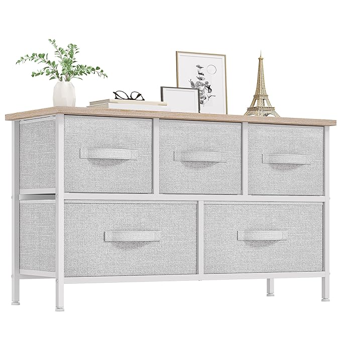 YITAHOME Dresser with 5 Drawers - Fabric Storage Tower, Organizer Unit for Bedroom, Living Room, Closets - Sturdy Steel Frame, Wooden Top