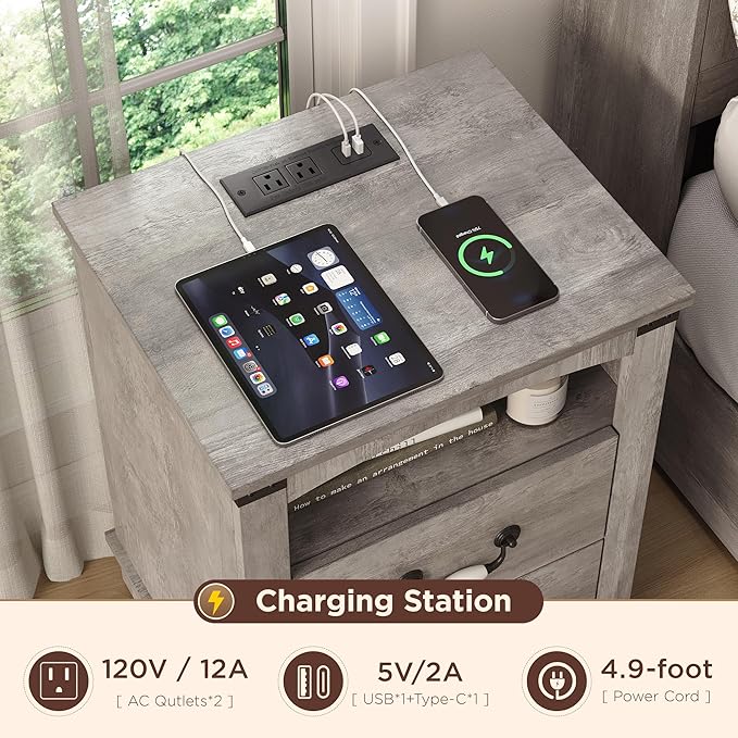 Maupvit Farmhouse Night Stand with Charger Station & Ceramic Handle, Wood Nightstand with 2 Storage Drawers, LED Bedroom Nightstand, Bedside Tables, Grey