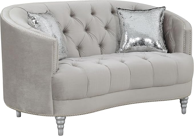 Coaster Home Furnishings - Avonlea - Velvet & Wood - Loveseat with Sloped Arms and Rhinestone Tufting - Living Room - Gray - 508462
