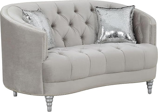 Coaster Home Furnishings - Avonlea - Velvet & Wood - Loveseat with Sloped Arms and Rhinestone Tufting - Living Room - Gray - 508462