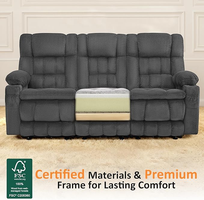 MCombo 80.7" W 3 Seater Power Reclining Sofa with Heat and Vibration Massage, Zero Gravity Recliner Sofa Couch for Living Room, Fabric 6316M3 (Dark Grey, 3-Seater)