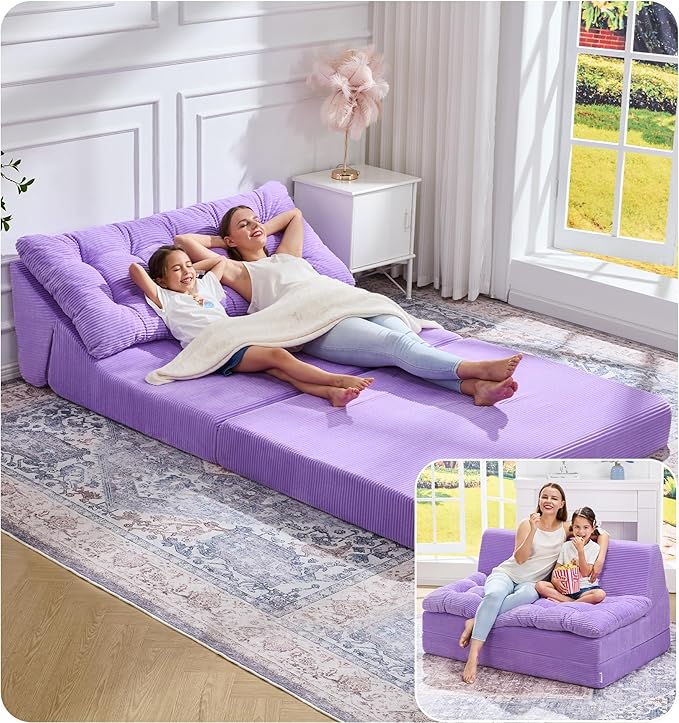 Hobestluk Sofa Couch Folding Sofa Bed Sleeper Comfy Floor Lounger Loveseat Sofa with Removable Cushion Couches Foldable Mattress for Living Room Bedroom or Office (Cordury Purple, Oversize)