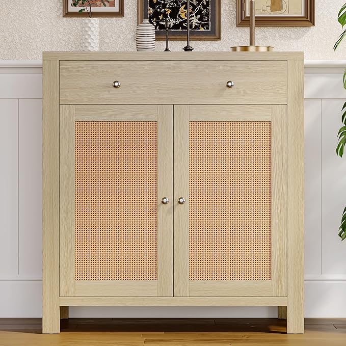 31" Sideboard Buffet Cabinet, Farmhouse Kitchen Buffet Cabinet with Storage and Drawers, Cabinets with Doors and Adjustable Shelves, Rattan Sideboard Storage Cabinets for Kitchen, Living Room