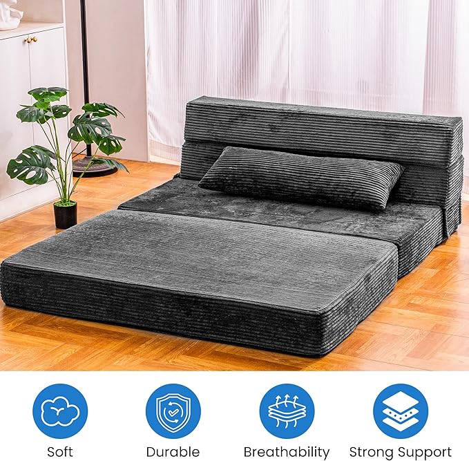 Cvortll Folding Sofa Bed, Convertible Sleeper Chair with Pillow, High Density Memory Foam Fold Out Couch, Foldable Mattress Futon Sofa for Living Room/Dorm/Guest Use/Apartment/Home Office