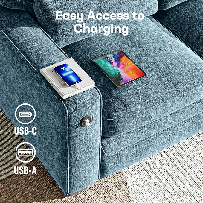 Marsail Pull Out Sofa Bed, Queen Size Sleeper Sofa with Memory Foam Mattress, 2 USB Charging and Removable Covers, Loveseat for Living Room, Apartment, Supports 600 LBS, Chenille Fabric, Blue