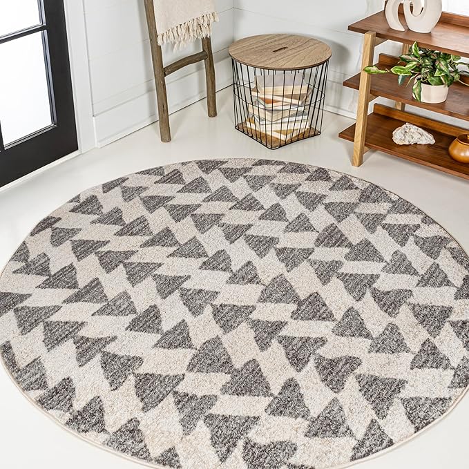 JONATHAN Y Aisha Moroccan Triangle Geometric Cream/Gray 9' Round Indoor Area Rug, Contemporary, Modern, Easy-Cleaning for Living Room, Bedroom, Kitchen, Pet Friendly, Non-Shedding (MOH206B-9R)