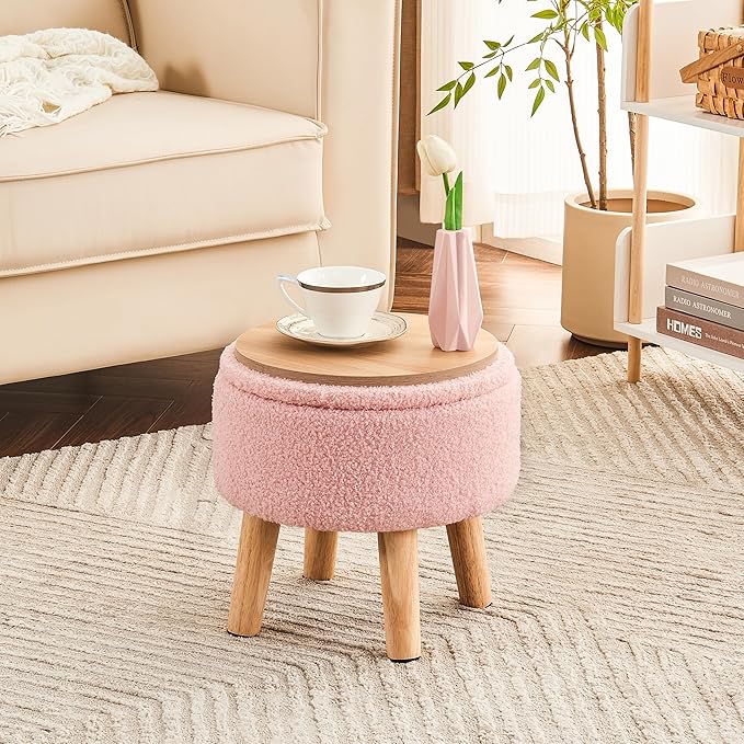 Poofzy Small Ottoman with Storage, Small Foot Stool Ottoman with Wood Legs, Sherpa Foot Rest for Couch, Living Room and Bedroom - Pink