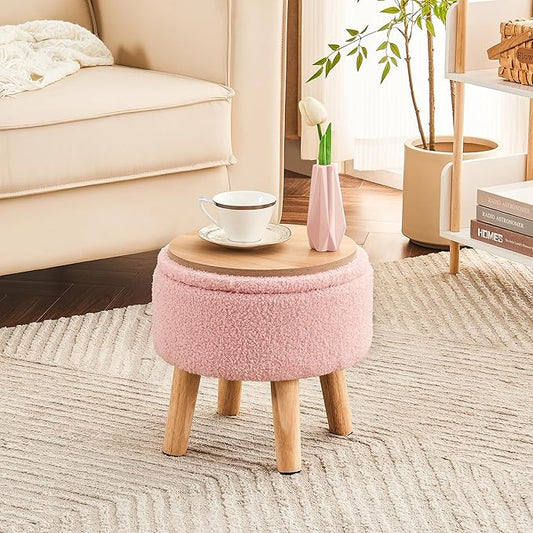 Poofzy Small Ottoman with Storage, Small Foot Stool Ottoman with Wood Legs, Sherpa Foot Rest for Couch, Living Room and Bedroom - Pink