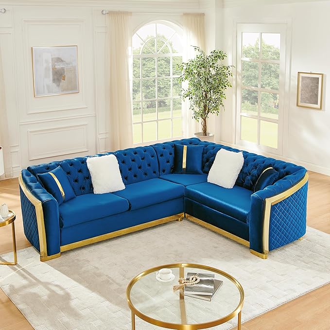 KEIKI 106" L-Shaped Luxury Velvet Chesterfield Sectional Sofa with Gold Stainless Steel Accents and 5 Pillows, Mid-Century Oversized 5-Seater Button Tufted Couch, Easy Assembly, for Living Room, Blue