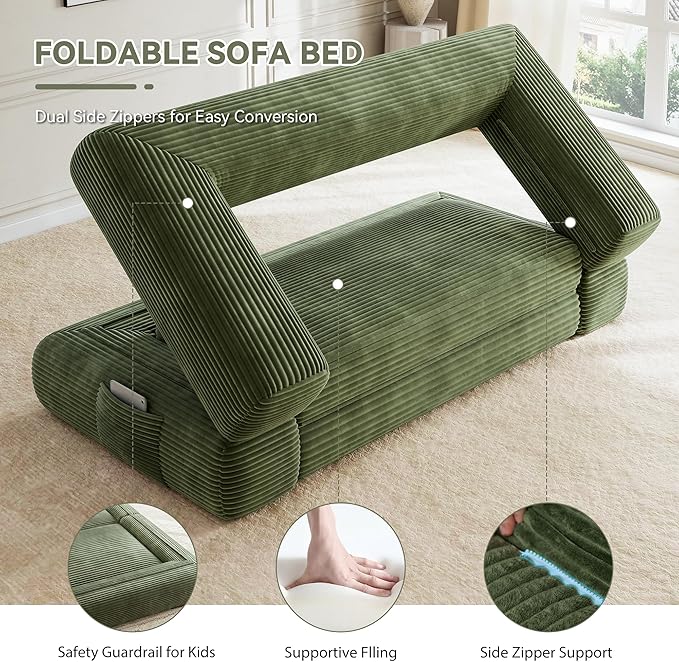 Jocoevol 4-in-1 Convertible Folding Sofa Bed, 68"L x 78"W Queen Size Foldable Sleeper Sofa Bed, Wide Corduroy Upholstery, Boneless Mattress Couch with Armrests & Neck Pillow for Living/Bedroom, Green