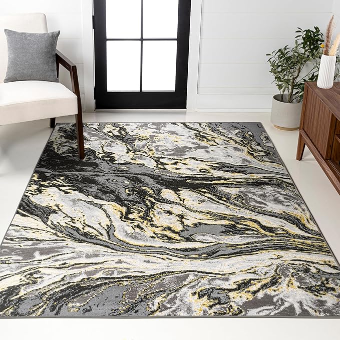 JONATHAN Y Swirl Marbled Black/Yellow Indoor Area Rug 3X5 ft, Abstract for Living Room, Bedroom, Kitchen, Office, Easy-Cleaning, High Traffic, Pet-Friendly, Non-Shedding SOR203D-3