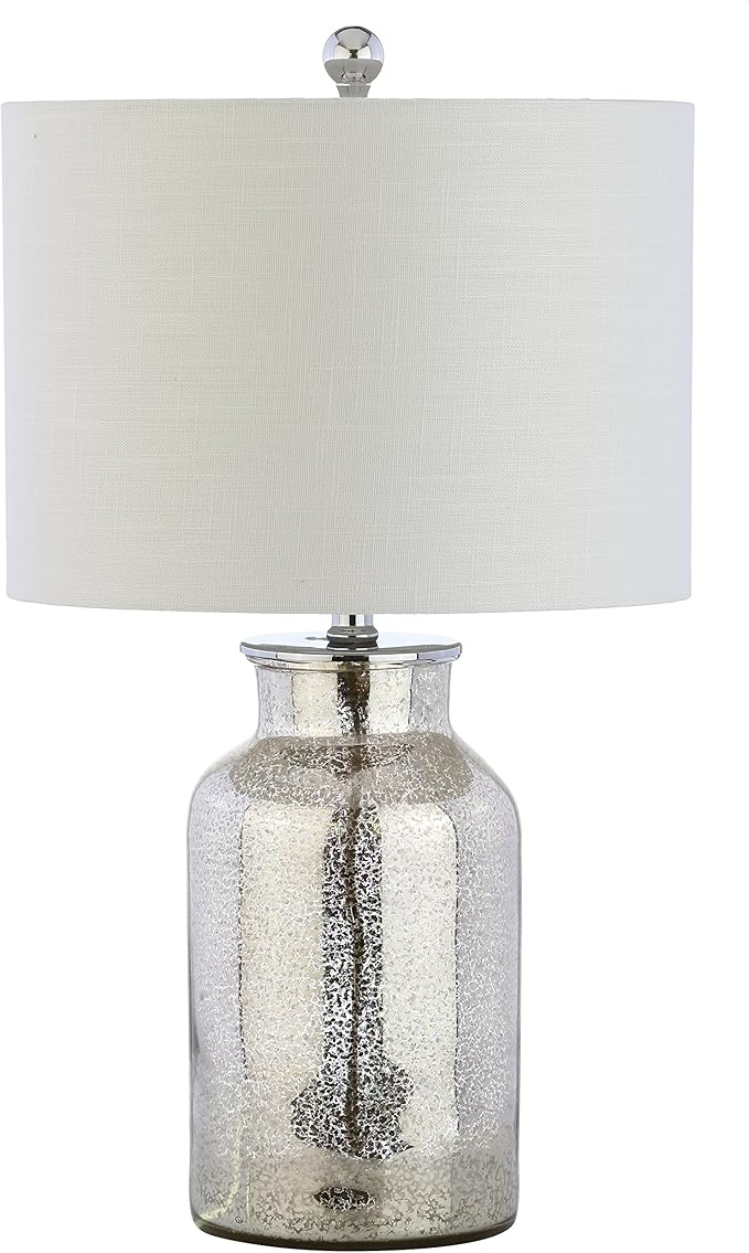 JONATHAN Y 24.5" Mercury Silver Trellis Glass Table Lamp for Living Room, White Linen Shade, Modern Bedside Nightstand Lamp for Bedroom, LED Bulb Included, UL Listed (JYL1084A)
