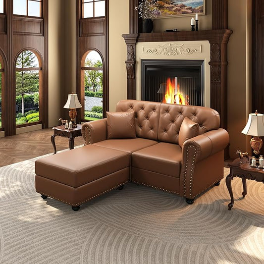 KEIKI 63" Faux Leather Chesterfield Sofa with Rolled Arms & Nailhead Trim & 1 Ottoman, 2-Seater Button Tufted Couch with High Resilience Cushion & 2 Pillow, Easy Assembly, for Living Room, Brown