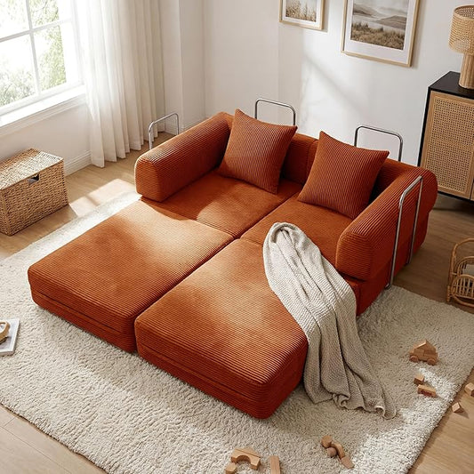 Convertible Compressed Corduroy Folding Cloud Sofa Bed, 59'' Modern Boneless Pull Out Loveseat Sleeper in a Box, 5 in 1 Floor Mattress Futon Cloud Couch, No Assembly Needed, Orange, 2 Pillows, Queen