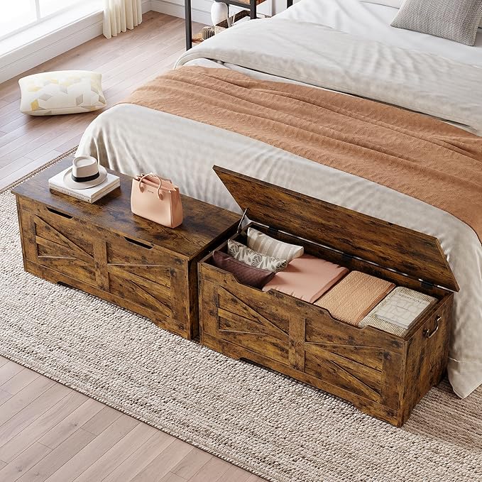 IDEALHOSUE 39.4" Storage Chest, Wooden Storage Bench with Safety Hinge, Retro Blanket Storage Trunk for Entryway, Living Room, Supports 350 lb, Rustic Brown