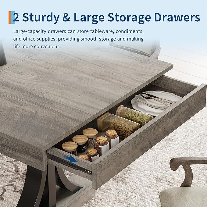 Garvee 71-Inch Wooden Dining Table with 2 Drawers, Rectangular Dining Table w/Large Tabletop & Double Pedestal, Large Kitchen Table for 6-8 with Sturdy Frame, for Dining Room, Kitchen, Rustic Gray