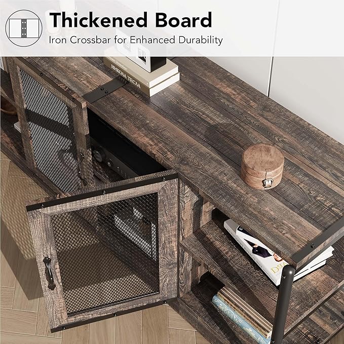 Farmhouse TV Stand for 65/75 inches TVs, Industrial Entertainment Center with Double Mesh Doors and Storage Cabinet, Rustic TV for Living Room, Rustic Oak