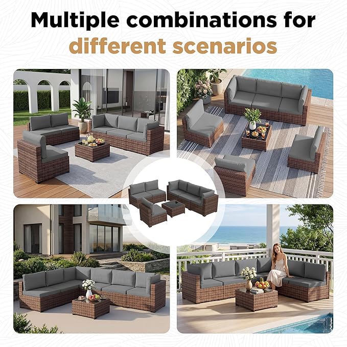 LHBcraft Patio Furniture Set,7 Pieces Outdoor Wicker Rattan Patio Furniture, Wicker Rattan Outdoor Sectional Sofa Set with Coffee Table for Garden, Poolside Taupe-Grey