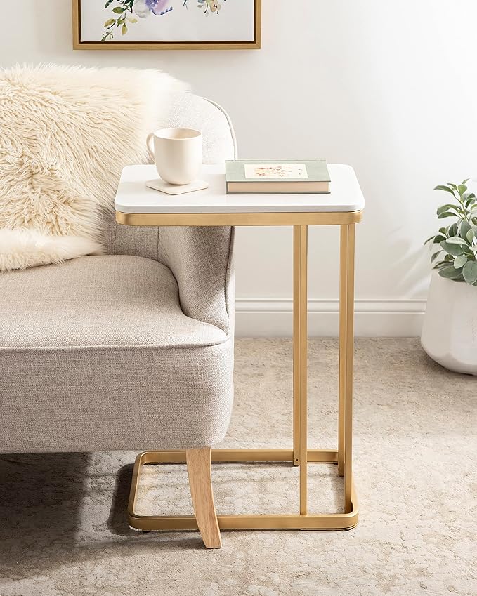 Kate and Laurel Credele Modern Glam Marble C-Table End Table; 12 x 19 x 27; White and Gold; Chic Contemporary TV Tray Table with Metal Legs And Cultured Marble Tabletop